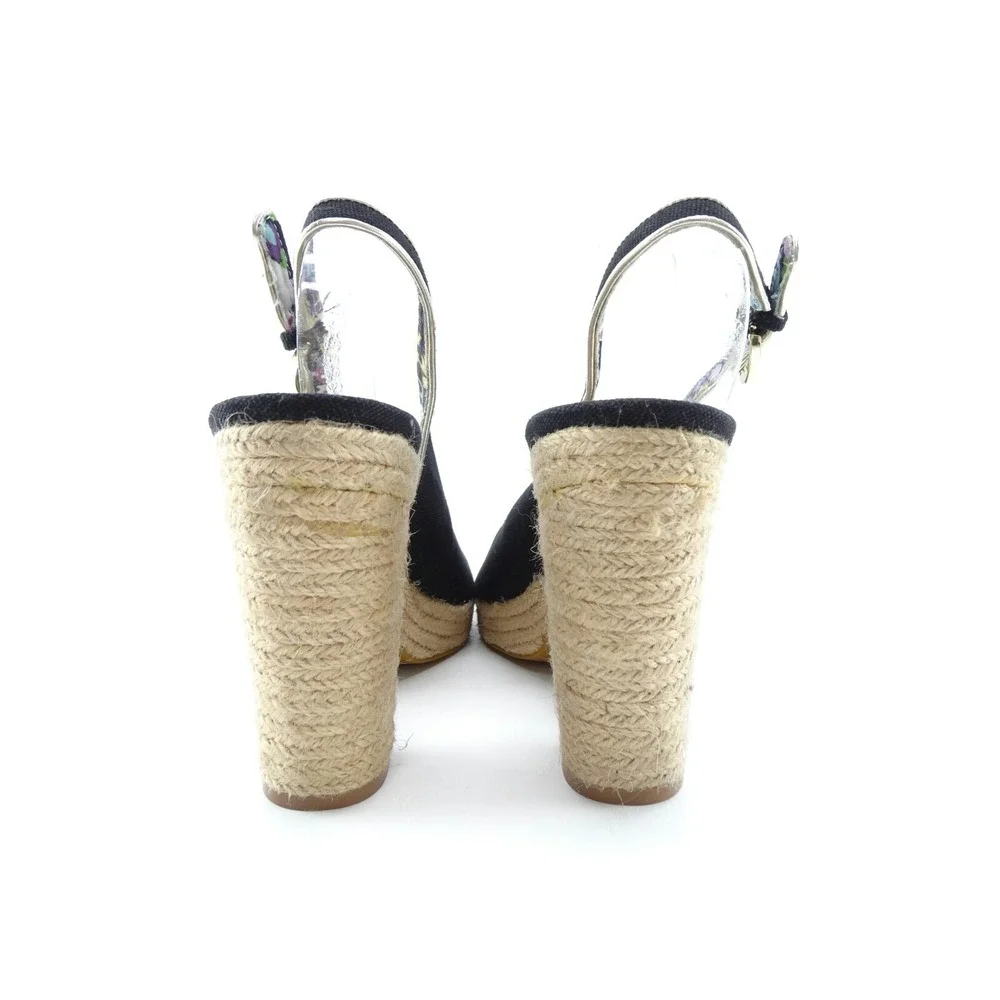 Tahari Barb Black Canvas Slingback Espadrille Shoe Jute Platform Wedge SZ‎ 9.5 M